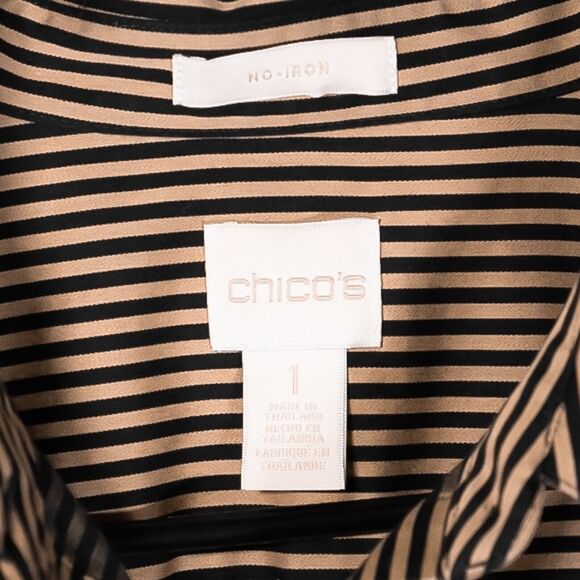 Chico's Women's Shirt Button Up Beige Black Striped Long Sleeve Blouse Top 1 M/8 - Picture 3 of 8